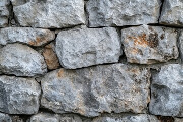 Fototapeta premium Close-up view of a stone wall constructed from irregular, light gray and tan blocks