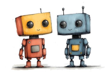 Fototapeta premium Friendly Robots: A pair of cute, colorful robots, one red and yellow, the other blue, stand side by side, showcasing a playful and friendly design.