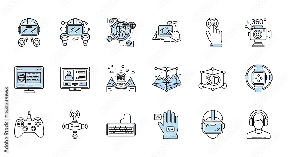 Poster vector icons set of collection of virtual reality and 3d technology icons. vector illustrations