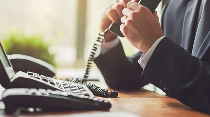 Businessman Wearing a Suit Holding a Telephone While Working