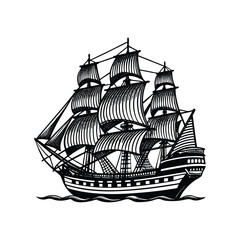 A Vintage engraving-style illustration of a large sailing ship silhouette design.