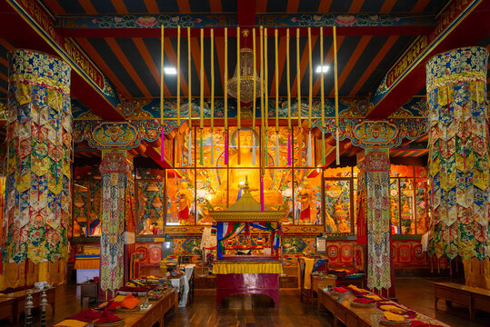 Darjeeling ,West Bengal, India - 20.08.2023 : Beautiful view of interior of Ghum Monastery. Image taken with permission. Peaceful, calm and religious respected environment inside Buddist Monastery.