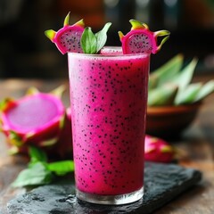 Pink dragon fruit smoothie in tall glass, garnished with dragon fruit slices and basil