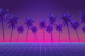Vaporwave synth landscape with neon sunset and palm silhouettes
