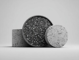 Grey circles and cylinders on a plain background