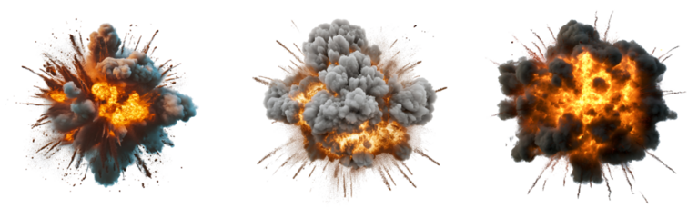 Set of various high-dynamic explosion isolated on transparent background