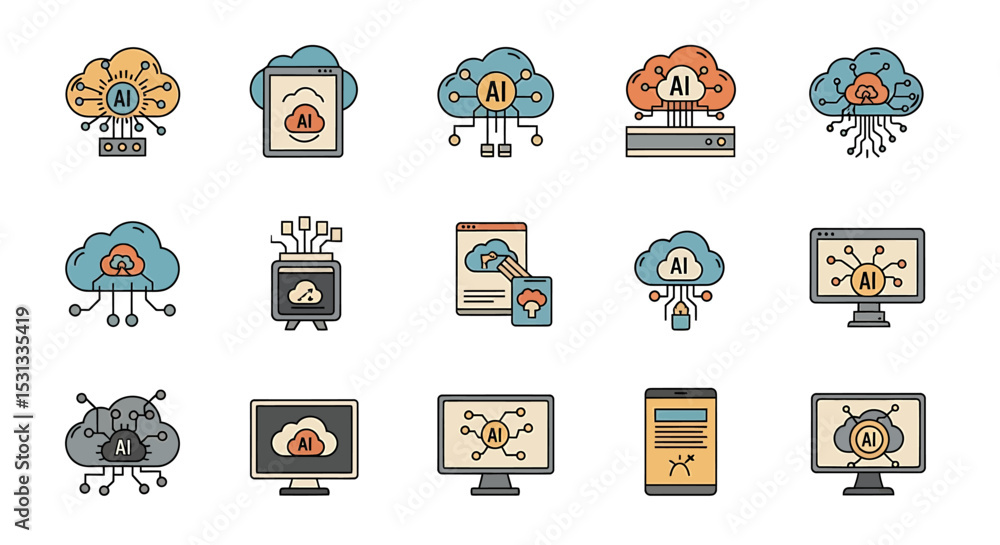 Poster vector icons set of colorful ai cloud computing icons representing artificial intelligence concepts.