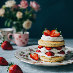 Mini strawberry shortcakes layered with cream and berries on a vintage floral plate, softly lit with natural light and dreamy floral bokeh for a cozy, elegant editorial vibe.