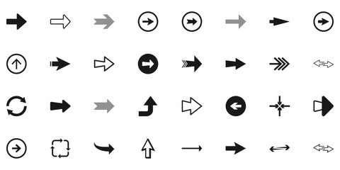 Arrow icon vector set, black directional icons, various arrows, abstract arrow design, navigation symbols, diverse arrow shapes. Vector illustration