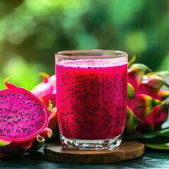 Pink dragon fruit smoothie in a glass, surrounded by fresh fruit