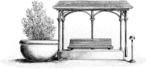 Fototapeta premium Elegant metal pavilion with concrete planter and bench design for outdoor spaces