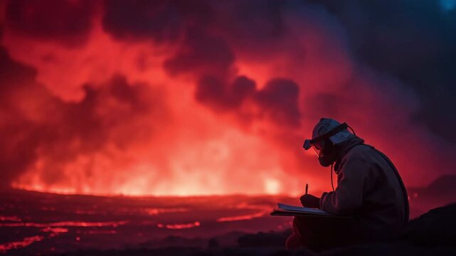 A scientist in a protective suit fearlessly takes notes on the details of an erupting volcano