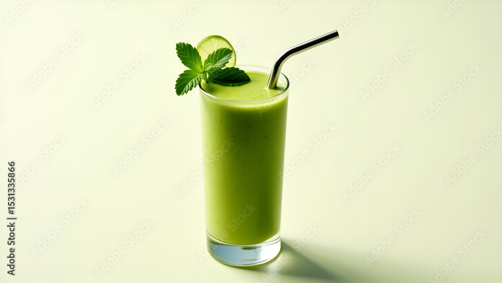 Aufkleber a chilled green smoothie in a glass with a straw, close-up view emphasizing the smooth texture and b
