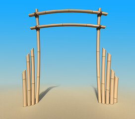 Bamboo gate on the beach. Blank bamboo sign. 3d illustration on blue-yellow background
