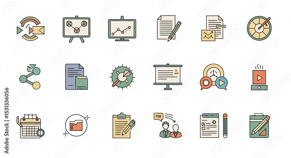 Poster vector icons set of colorful business and marketing icons representing various concepts and ideas. v