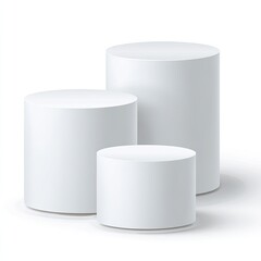 Three white cylindrical podiums of varying sizes, stacked