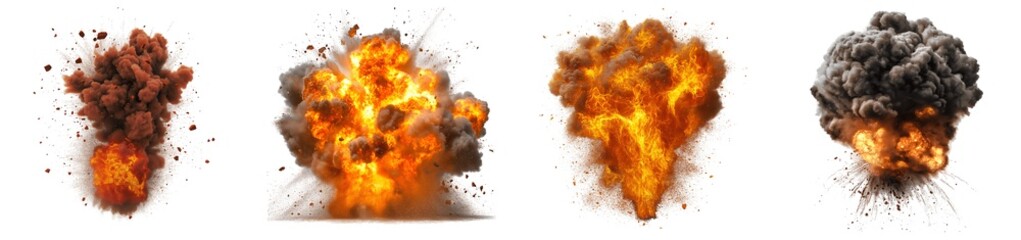 Collection of various high-dynamic explosion isolated on transparent background