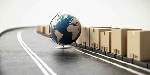 A globe sits on a road, lined with cardboard boxes