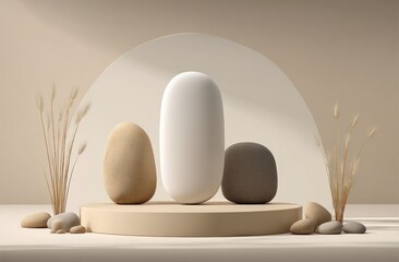 Fototapeta premium Beige and white minimalist scene with smooth stones and dried grasses