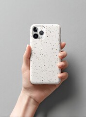 High quality photo of hand holding a phone case mockup a white blank smartphone with a terrazzo texture on the back cover against a grey background. Overhead view of an arm and hand.