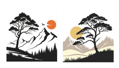 Vintage Sunset Mountain Landscape with Tree Illustration Vector Bundle.  Lone Tree Sunset Landscape Vector Set. Vintage Sunset Tree and Mountain Landscape T-Shirt Design for Nature Lovers