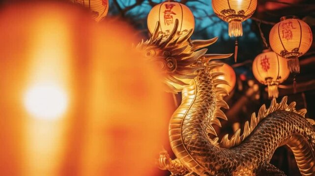 Celebrating traditions of lunar new year featuring golden dragon and red paper lanterns