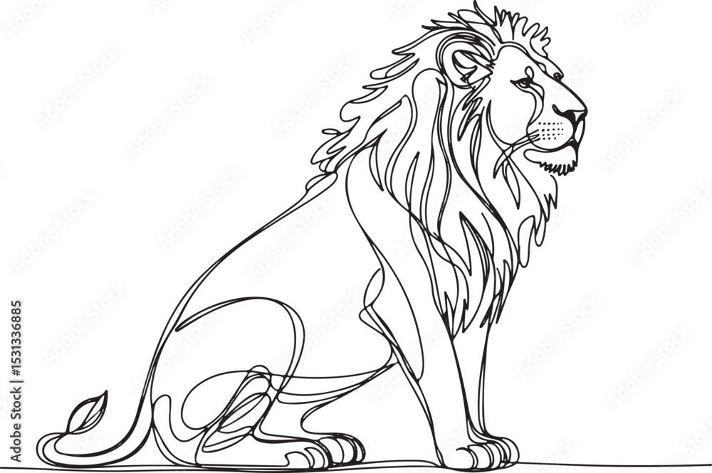 Poster continuous line drawing of a sitting lion in minimalist black and white profile view with flowing ma