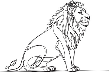 Obraz premium Continuous line drawing of a sitting lion in minimalist black and white profile view with flowing mane