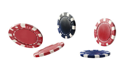 set of casino chips falling in the air cut out on white background
