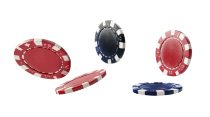 set of casino chips falling in the air cut out on white background