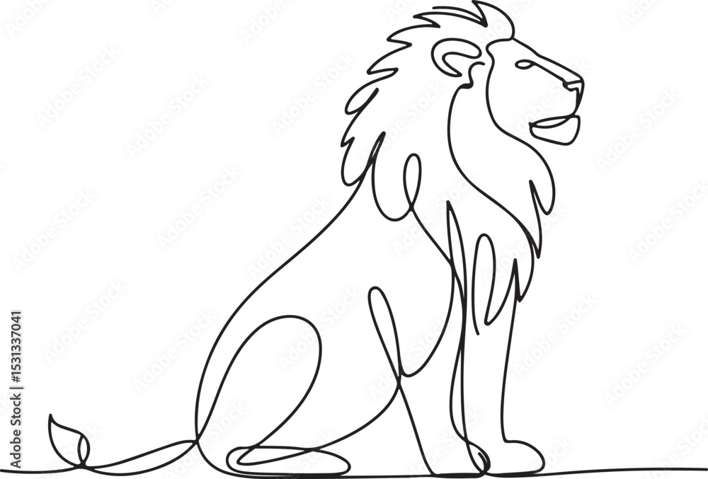 Poster continuous line drawing of a sitting lion in minimalist black and white profile view with flowing ma