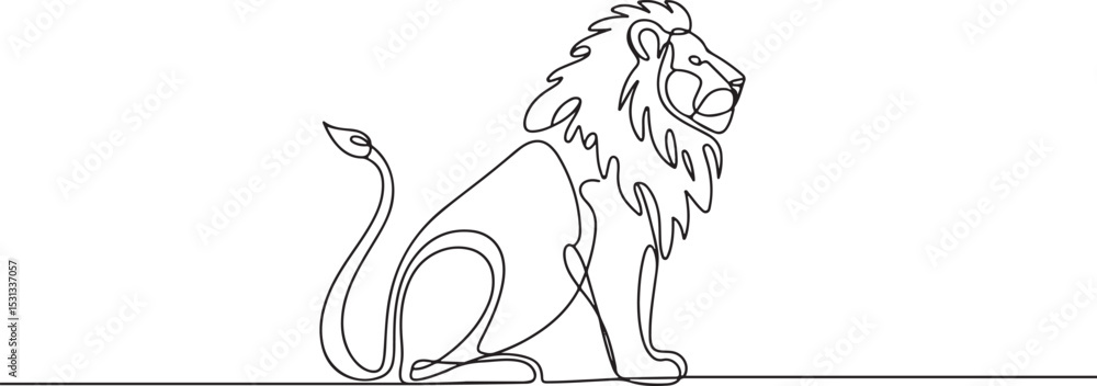 Poster continuous line drawing of a sitting lion in minimalist black and white profile view with flowing ma