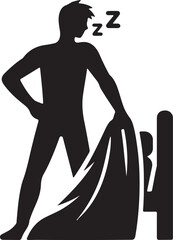 Silhouette of a man holding a blanket next to a bed with sleep z symbols above his head