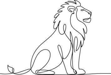 Continuous line drawing of a sitting lion in minimalist black and white profile view with flowing mane

