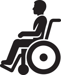 A simple black silhouette of a person sitting in a wheelchair on a white background