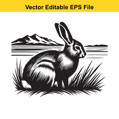 A black and white vector illustration of a rabbit sitting in the grass with mountains in the background