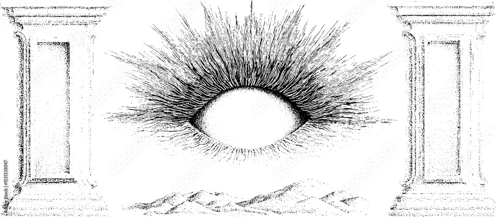 Poster surreal eye motif with jagged horizon and columns for artistic design
