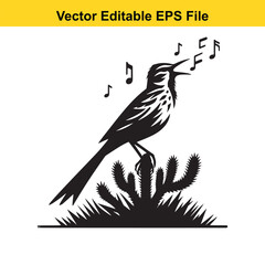 A black and white illustration of a bird singing on a cactus