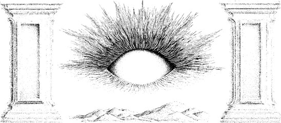 Obraz premium Surreal eye motif with jagged horizon and columns for artistic design