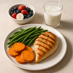Healthy Grilled Chicken Breast with Sweet Potato, Green Beans, and Berries