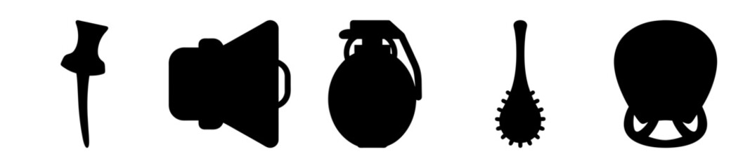Collection of silhouette symbols including pin, megaphone, grenade, mace and helmet