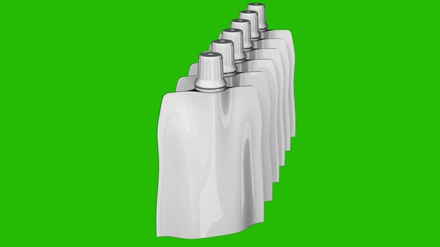 Realistic glossy doypack stand-up pouches rotate isolated on chroma key background. 3d animation