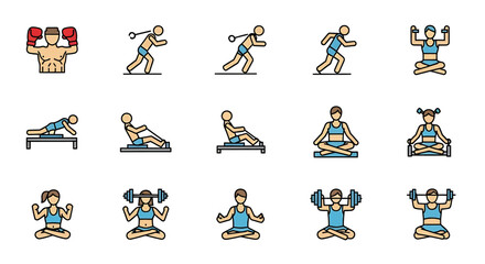 Vector icons Set of  Colorful Fitness Icons Boxing Rowing Running and Yoga Poses. Vector Illustrations