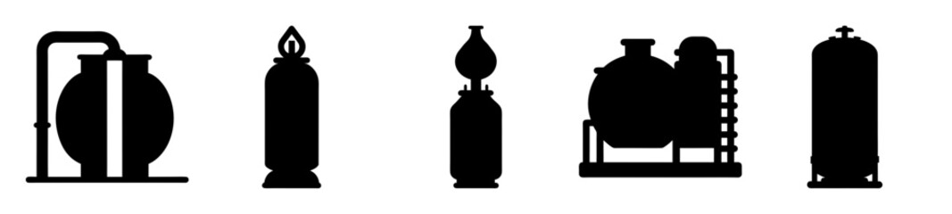 Black Silhouette Illustration of Various Industrial Tanks and Vessels on White Background