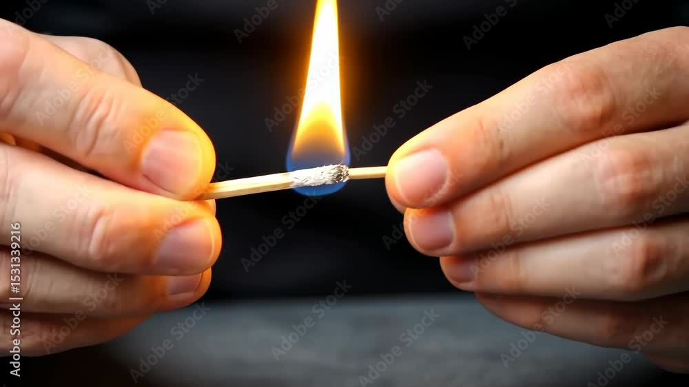 Poster close-up of hands striking a match with a vivid flame created in a dark setting highlighting the mom