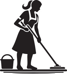 Silhouette of a woman mopping the floor with a bucket beside her in a simple illustration