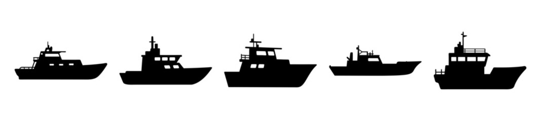 Various silhouettes of fishing boats and vessels isolated on white background