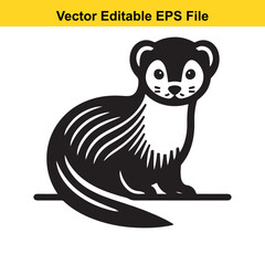 A vector illustration of a ferret, a small, long-bodied mustelid mammal with dark fur and a white chest