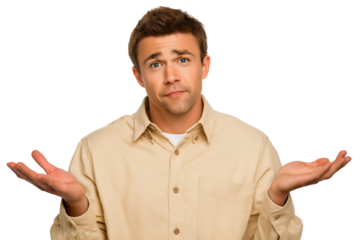 Young Caucasian man shrugging shoulders and hands up, with I don't know or confused expression, isolated on white or transparent background