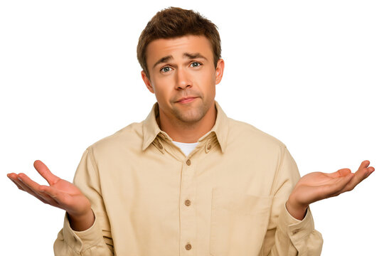 Young Caucasian man shrugging shoulders and hands up, with I don't know or confused expression, isolated on white or transparent background
